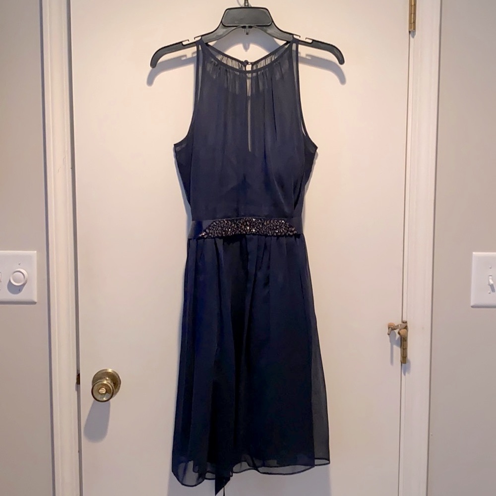Navy Adrianna Papell sheer cocktail dress